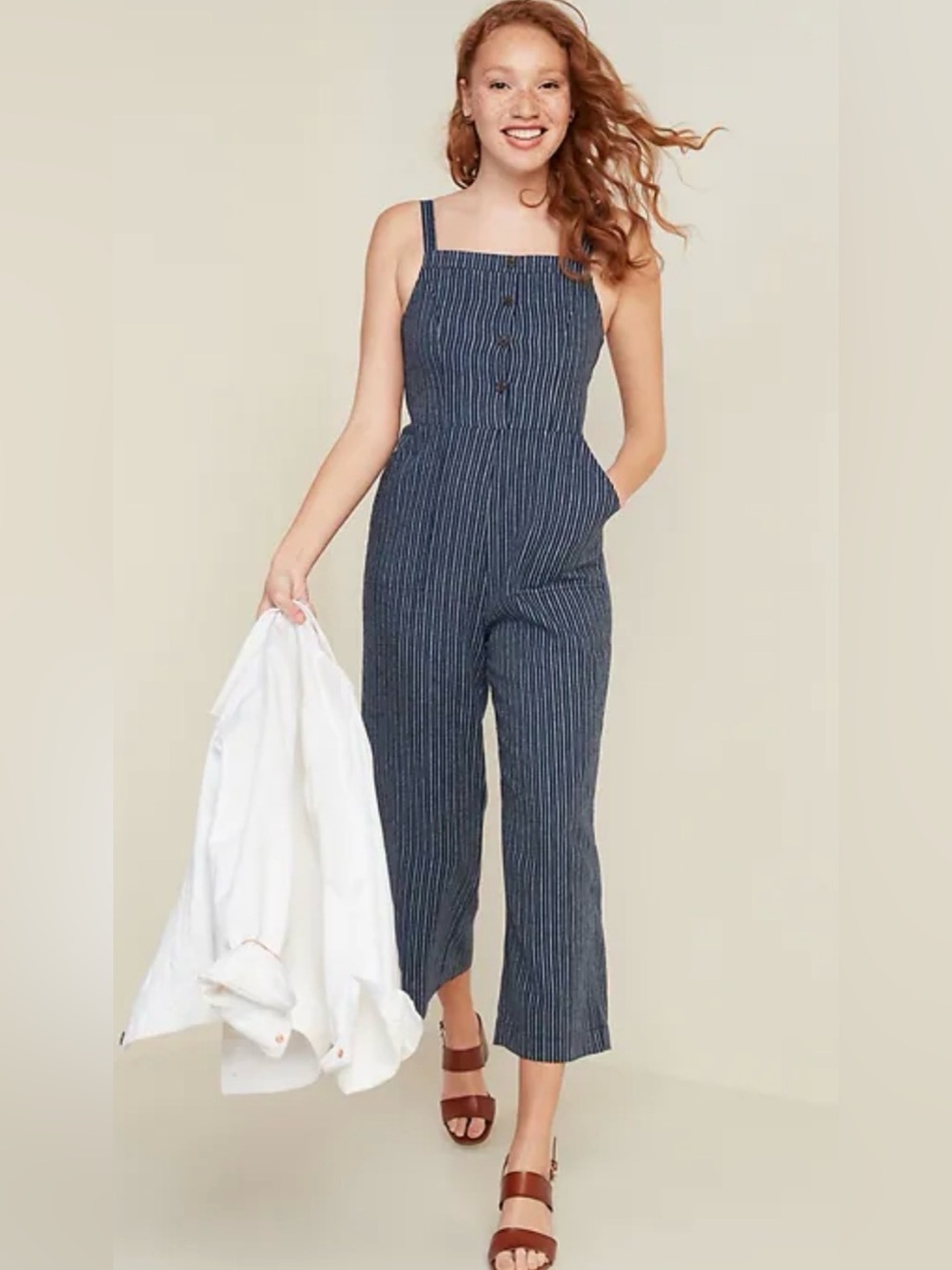 Old Navy Navy Linen Blend, Cami Navy Pinstripe Jumpsuit w/Smocked Back, SZ. L